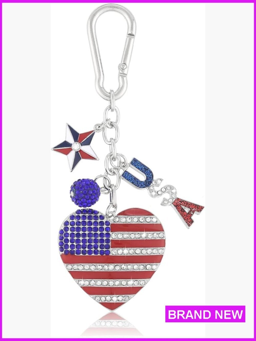 Patriotic USA Flag Keychain Bag Charm Heart-Shaped Metal Sturdy Clasp
